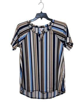 LuLaRoe Ribbed Striped Raglan Tee Blue Tan Black Size Medium